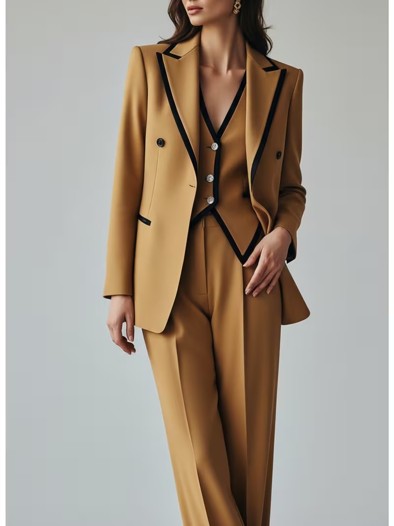 Women’s Khaki Contrast-Trim 3-Piece Suit